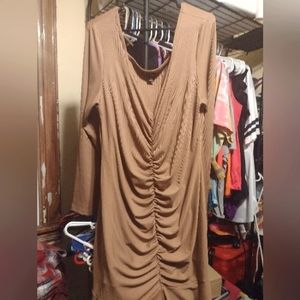 Long sleeve beige dress scrunch v-neck dress